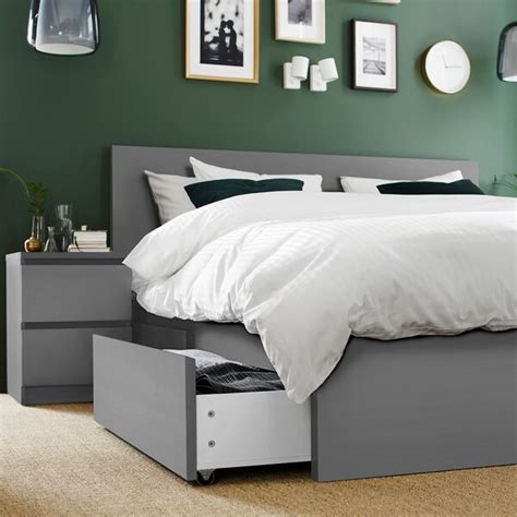 MALM High bed frame/4 storage boxes, gray stained, Queen - IKEA