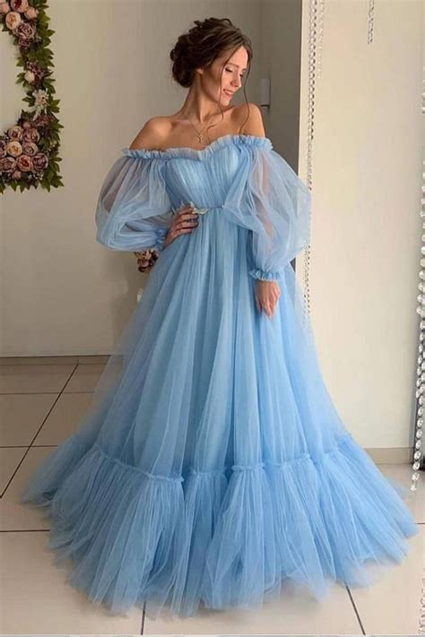 2019 New Light Blue Long Sleeves Off Shoulder Prom Dresses Formal ...