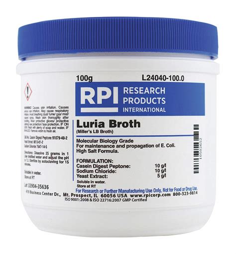 RPI Luria Broth (Millers LB Broth), Powder, 100 g, 1 EA - 31FZ37|L24040 ...