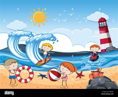 Kids with Beach Activities in Sunny Day illustration Stock Vector Image ...