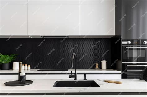 Premium AI Image | Modern matte black kitchen with a marble countertop ...