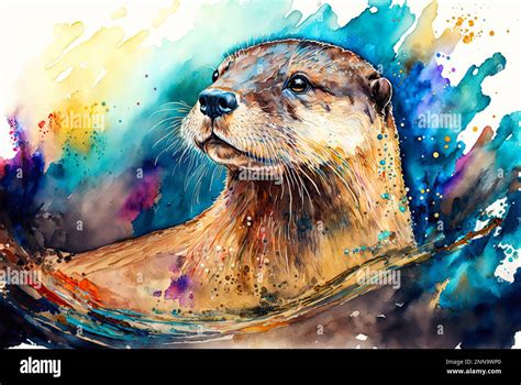 River otter watercolor painting. Generative AI Stock Photo - Alamy