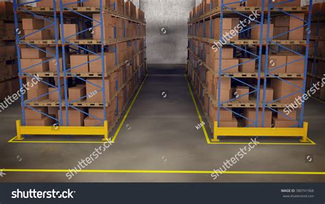 3d Render Warehouse Interior Racks Crates Stock Illustration 380741968 ...