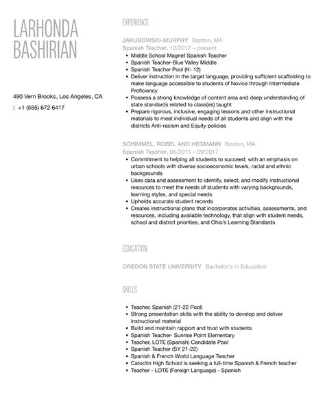 Spanish Teacher Resume Samples | Velvet Jobs