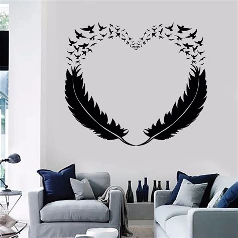 Feathers Heart Vinyl Wall Decals Decor Love Birds Romantic Bedroom ...