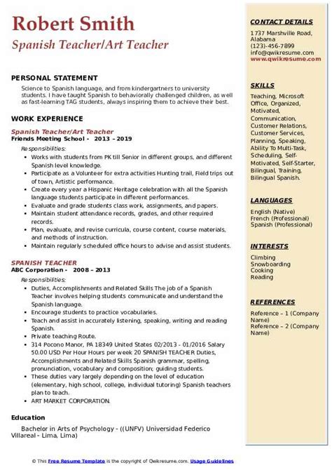 Spanish Teacher Resume Samples | QwikResume