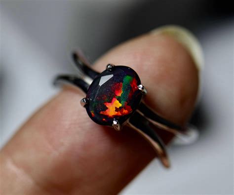 VIVID RED natural black fire opal ring, genuine black opal ring, silver ...