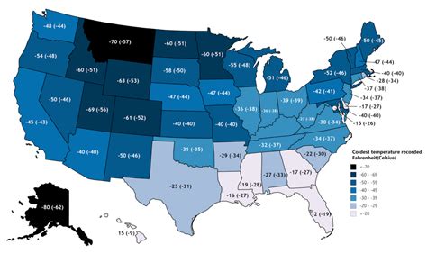 Coldest temperature ever recorded in each state in Fahrenheit & Celsius ...