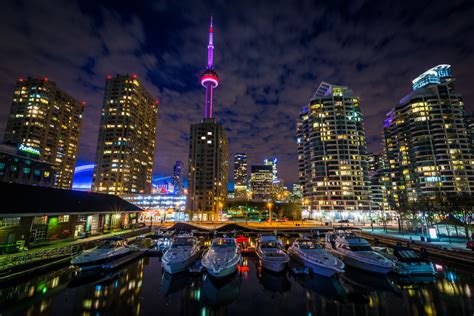 Marina and buildings at the Harbourfront at night, in Toronto, O ...