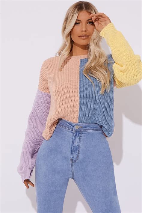 pastel colour block crew neck jumper | Knit fashion, Color blocking ...