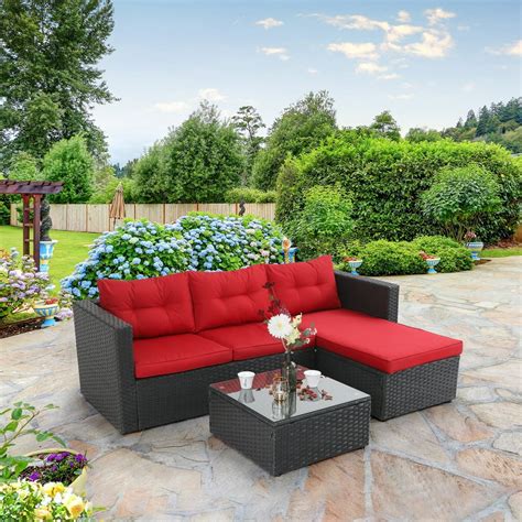 MF Studio 3 Piece Outdoor Rattan Sectional Sofa- Small Patio Wicker ...