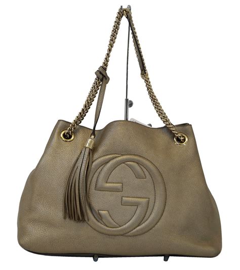 Authentic GUCCI Gold Pebbled Leather Soho Chain Tote Bag TT1339