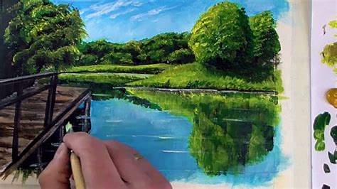 How to Paint a Landscape with Lake with Acrylics | Landscape painting ...