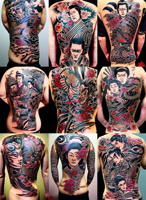 yakuza tattoos on a sitting geisha back with intricate | Stable Diffusion