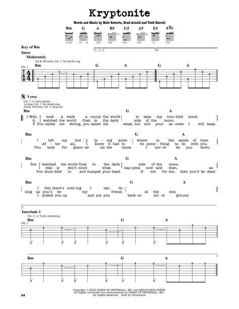 Kryptonite by 3 Doors Down - Guitar Lead Sheet - Guitar Instructor