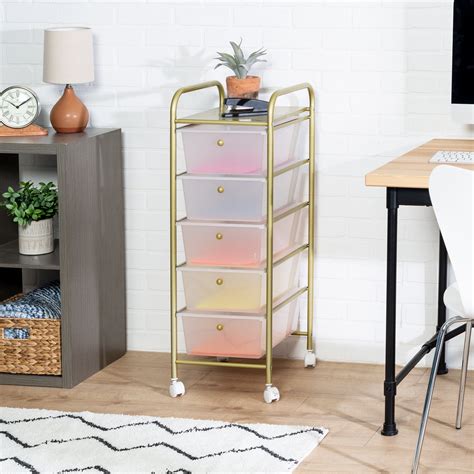 5-Drawer Rolling Storage Cart With Plastic Drawers, Gold