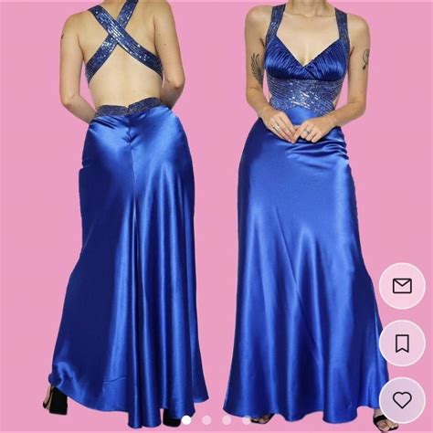 Electric blue satin prom dress, sequin/bead detailed... - Depop