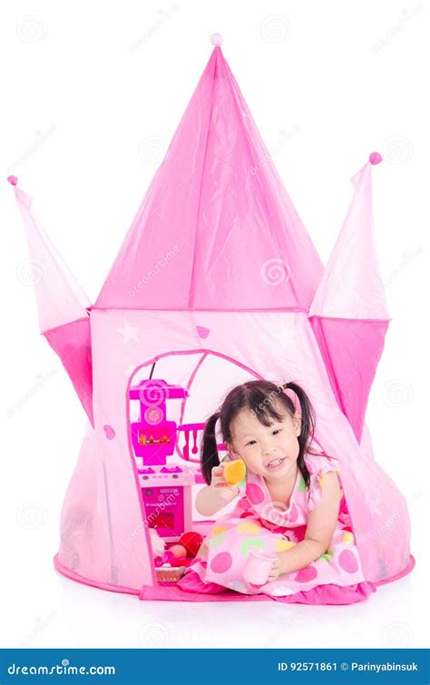 Little Girl Playing in Pink Castle Toy Stock Image - Image of thai ...