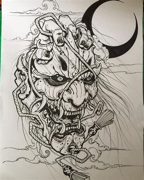 Unreal Hannya Mask Tattoo Outline Japanese Demon Tattoo Designs Hannya ...