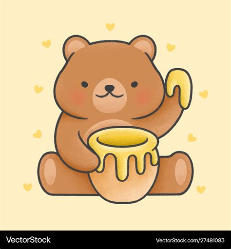 Cute teddy bear holding honey jar cartoon hand Vector Image