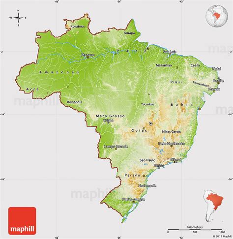 Physical Map of Brazil, cropped outside