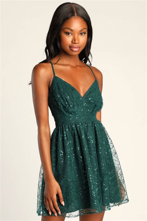 Dark Green Mini Dress - Sequin Mini Dress - Sequin Skater Dress - Lulus