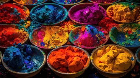 Colorful Powder In Bowls At Holi Festivals Background, Colors In A ...