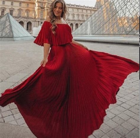 Red Off Shoulder Boho Maxi Dress #reddress #pleateddress #maxidress ...