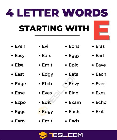 4 Letter Words Starting with E (35 Words in English) • 7ESL