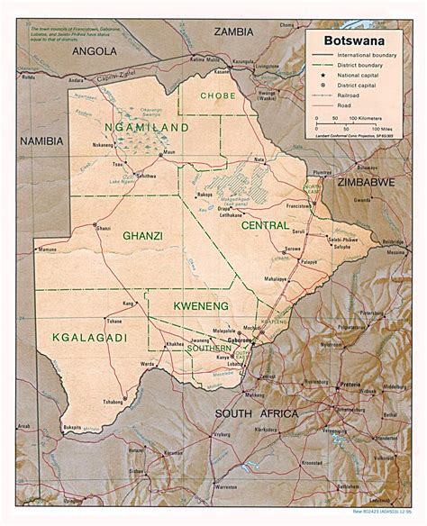 Detailed political and administrative map of Botswana with relief ...