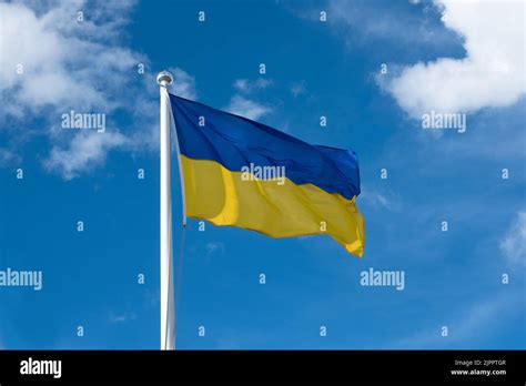 Flag of Ukraine on white sky background. National symbol of freedom and ...