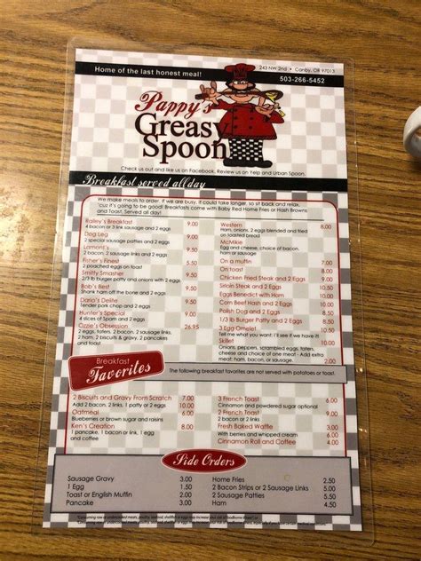 Menu at Pappy's Greasy Spoon restaurant, Canby