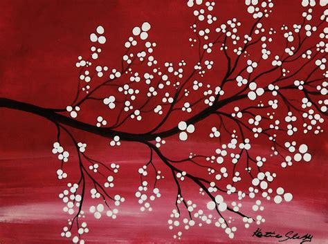 Red Japanese Cherry Blossom Painting by Katie Slaby