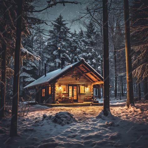 Premium AI Image | Snowy cabin in the woods at night with light on ...