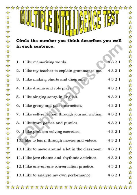 MULTIPLE INTELLIGENCE TEST WITH KEYS - ESL worksheet by chatina25