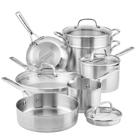 KitchenAid 3-Ply Base Stainless Steel Cookware Set, 11-Piece, Brushed ...