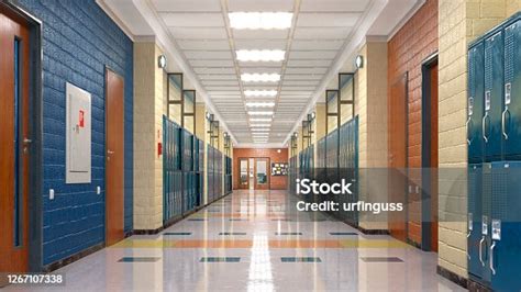 School Hallway With Lockers And People