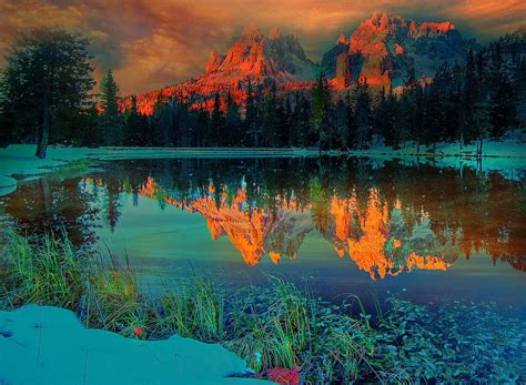 sunset, Nature, Landscape, Lake, Mountain, Forest, Snow, Clouds, Winter ...