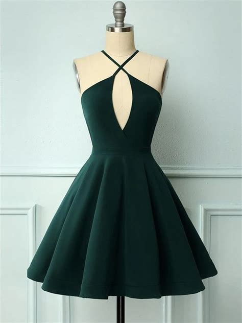 Halter Neck Short Dark Green Prom Dresses, Short Dark Green Formal Gra ...