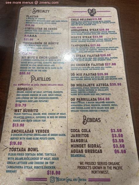 Menu at OG Mexican grill and cantina pub & bar, Aloha