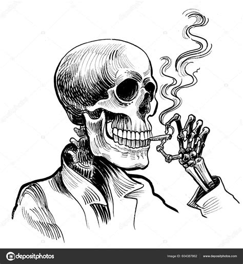 Human Skeleton Smoking Cigarette Ink Black White Drawing Stock Photo by ...