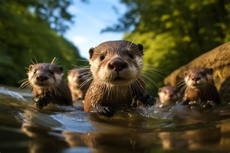 Premium Photo | Group playful otters swimming in the river