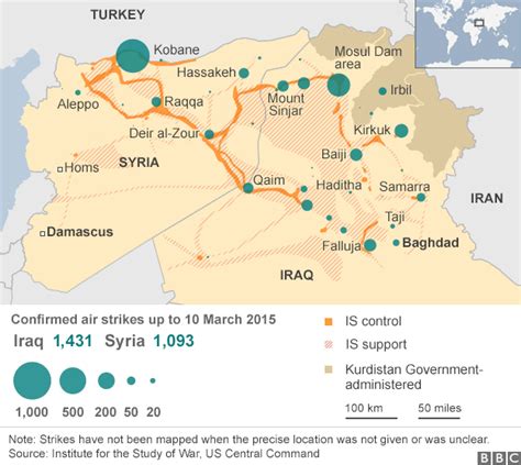 Map showing air strikes on IS in Iraq and Syria