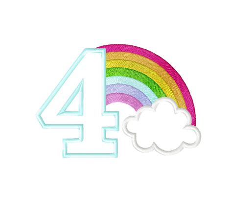 Rainbow in cloud Birthday Number 4 FOUR machine embroidery applique ...