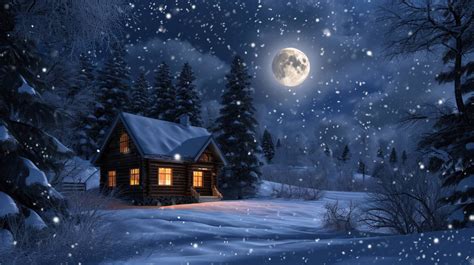 winter cabin night, snow-covered cabin, full moon snowy landscape, cozy ...