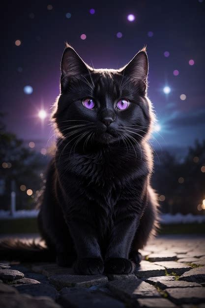 Premium AI Image | a black cat with purple eyes sits on a sidewalk in ...