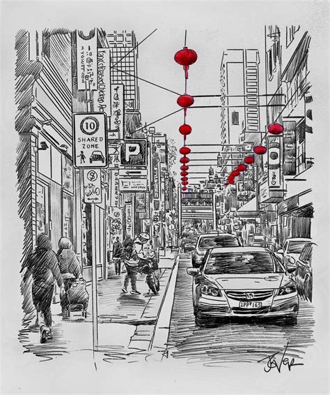 melbourne chinatown Drawing by LOUI JOVER | Saatchi Art