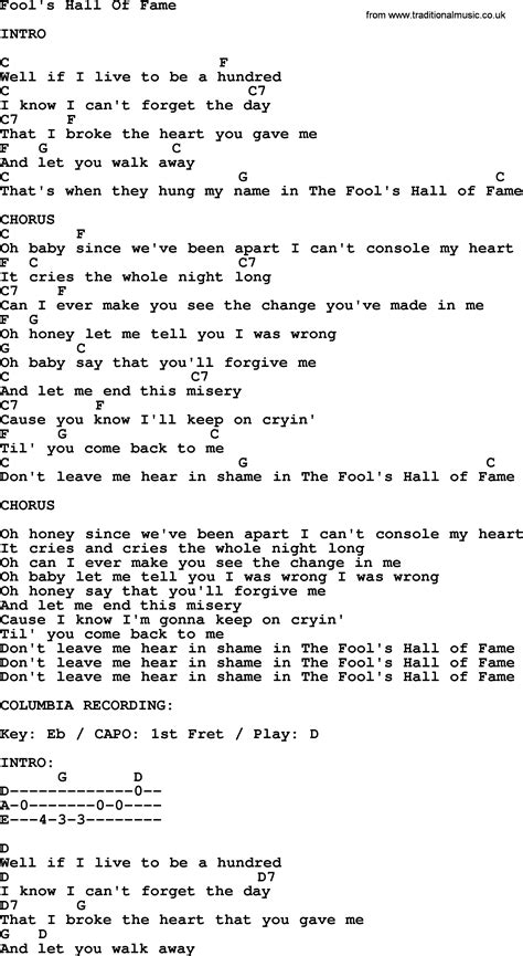 Johnny Cash song: Fool's Hall Of Fame, lyrics and chords