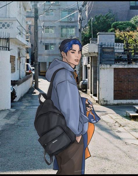 a man with blue hair is standing on the street