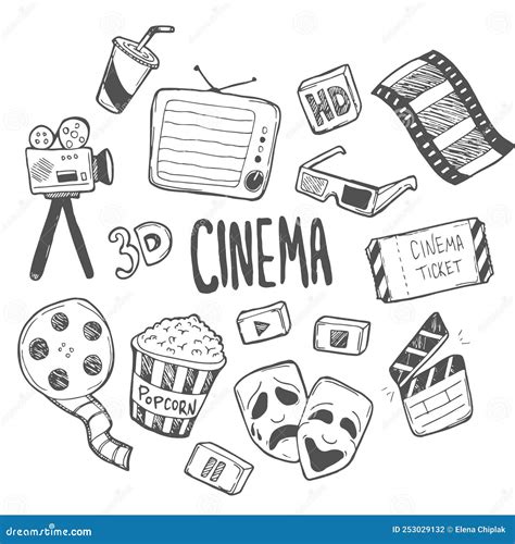 Set Of Movie Doodle Illustrations With Cute Hand-drawn Style Isolated ...